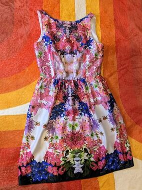 Liz Claiborne Pink and Blue Floral Sleeveless Dress, Size 10 Summer Spring Party